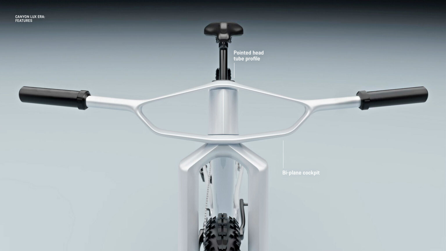 Canyon Lux Era aero 32" XC concept bike; cross-country mountain bike prototype with biplane wing handlebar: front view