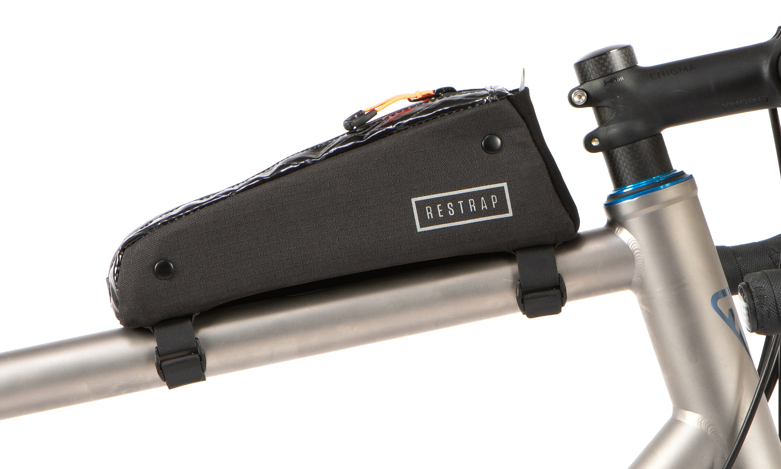 Restrap tiny aerodynamic Aero Race Top Tube Bag, on-bike with 2 Fast Straps