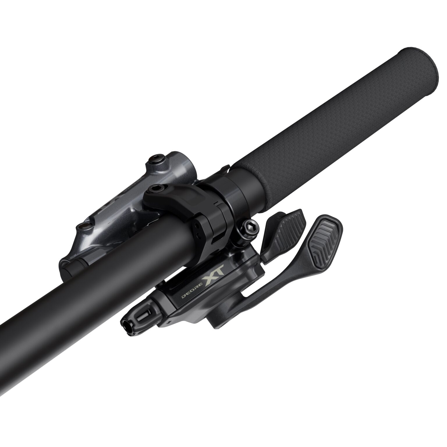 studio image of the new Deore XT mechanical shifter with the universal bar clamp mounted on a handlebar.