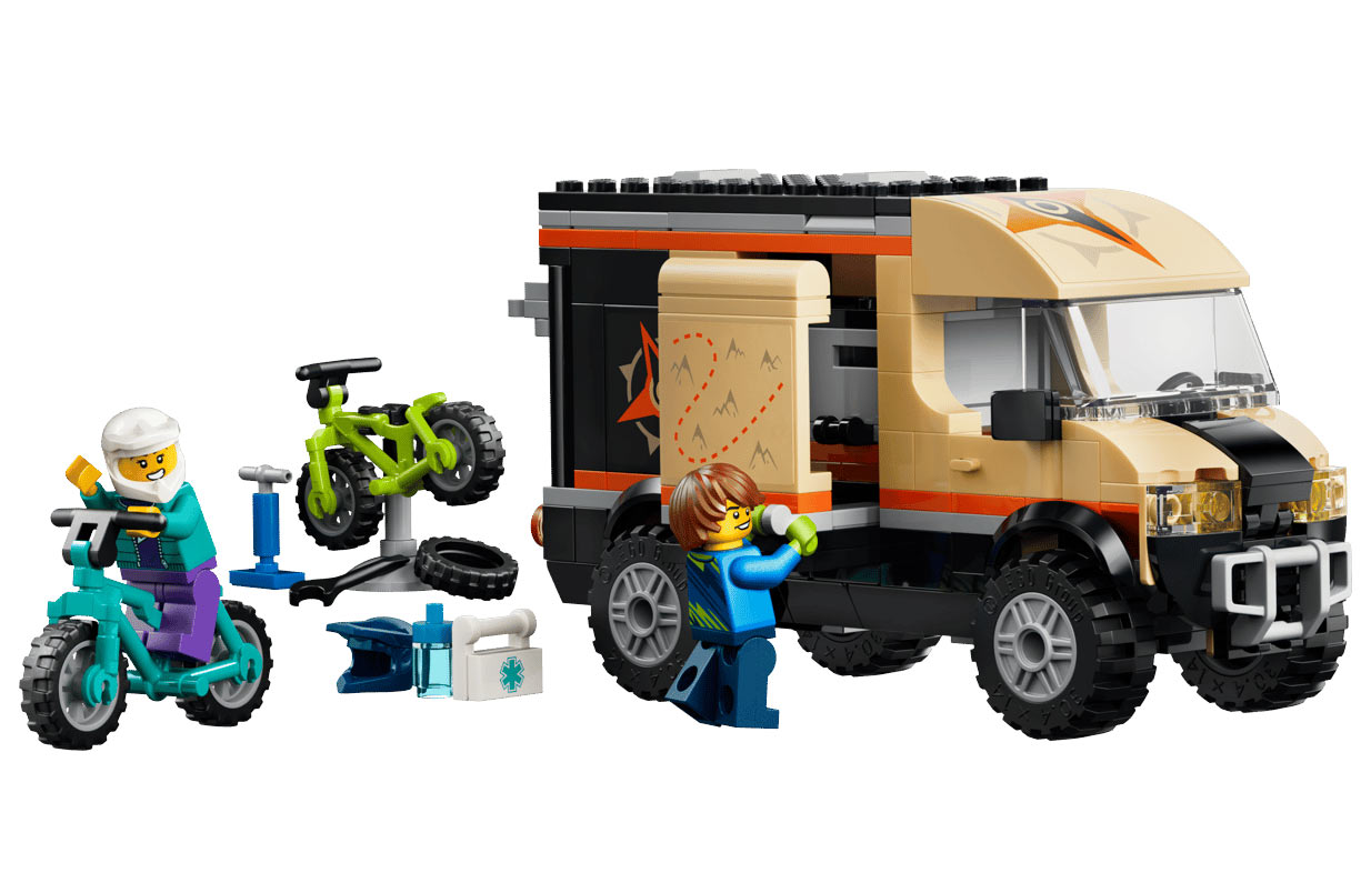 lego mountain bike adventure van set shown fully built with mini figures.