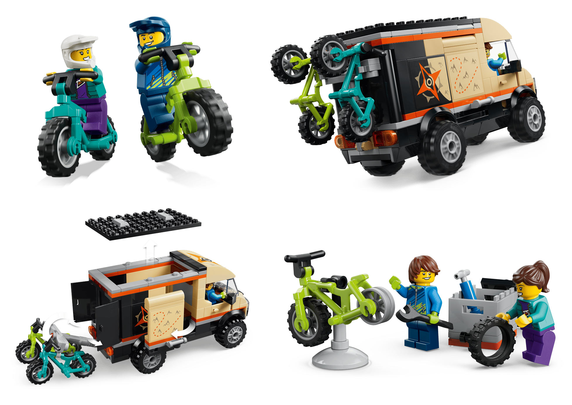 lego mountain bike adventure van set shown from various angles.