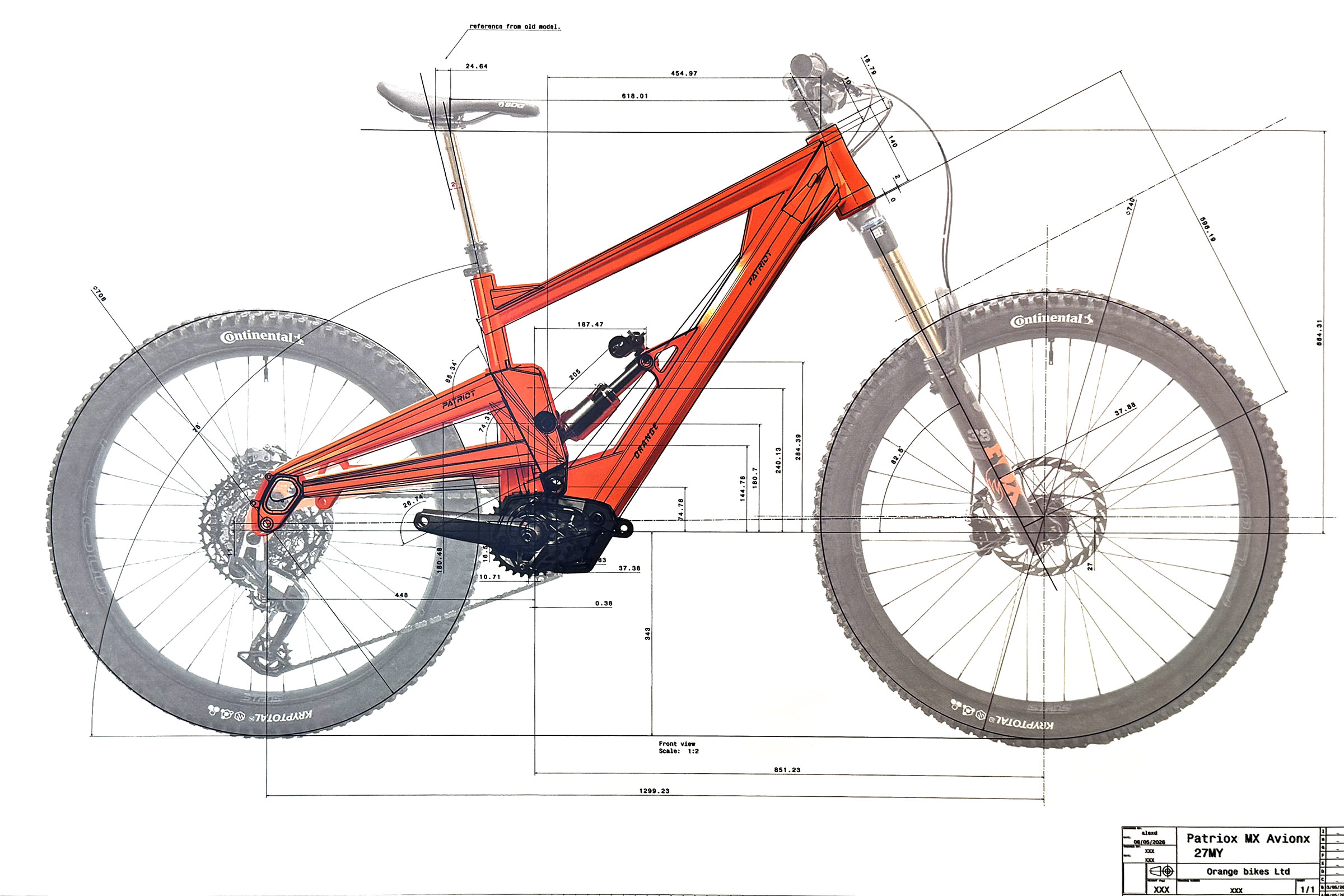 2026 Orange eMTBs shift towards Avinox M2S power: prototype Patriot MX long-travel enduro ebike drawing