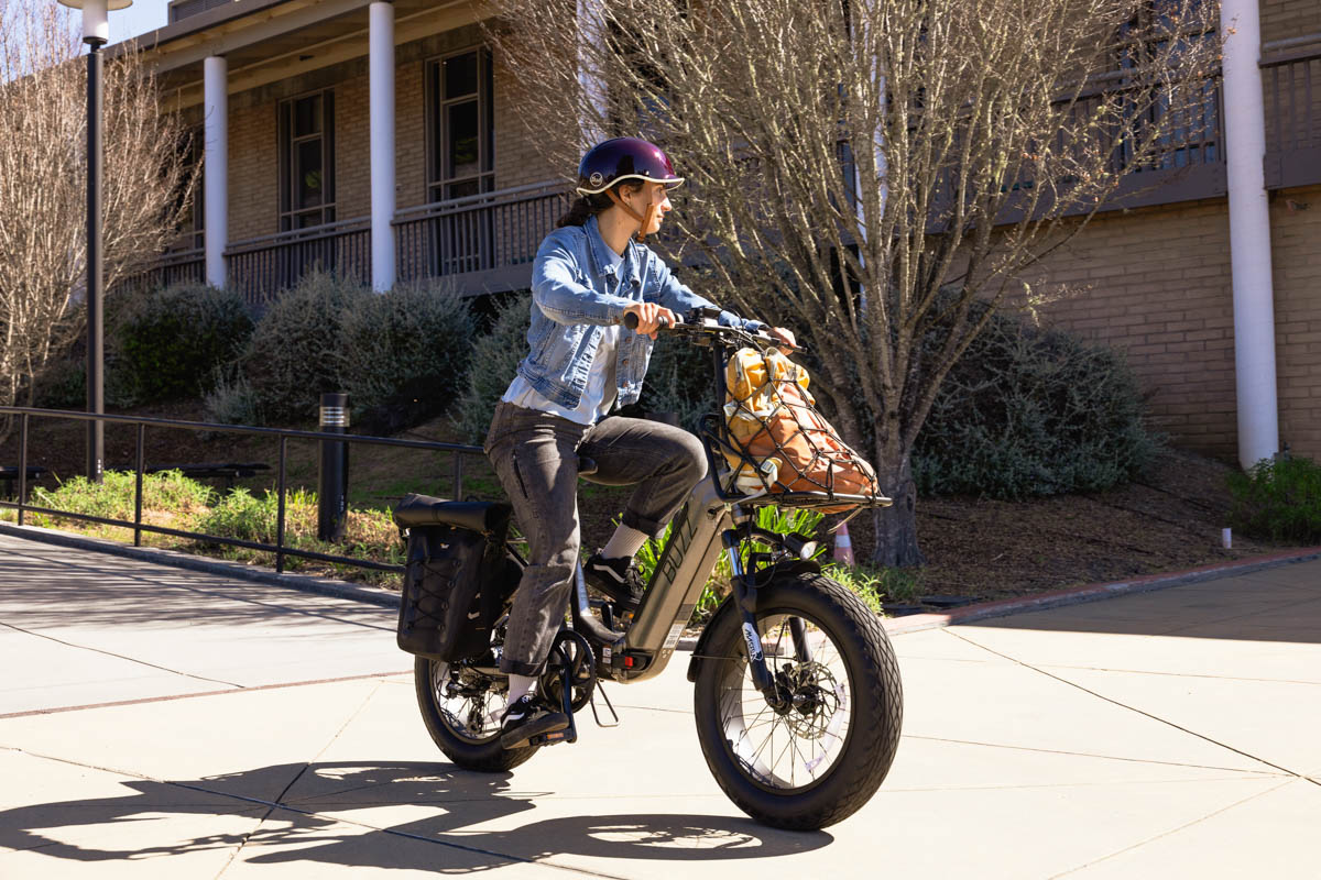 Buzz Centris 2 folding ebike, woman riding
