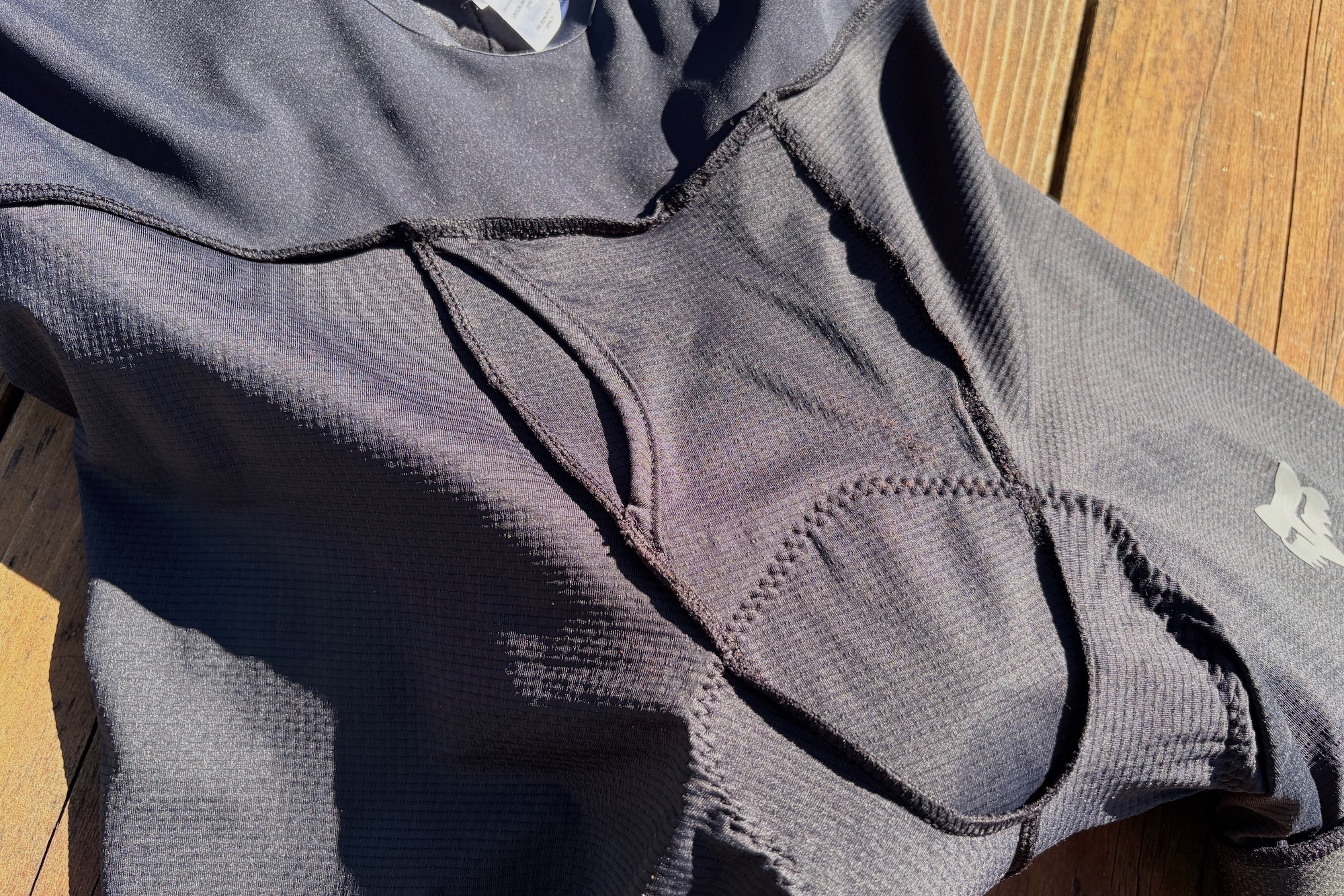 the outstitched seams and the pee flap on the Fox Tecbase bib liner.