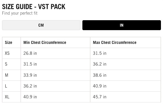 the USWE VST size guide