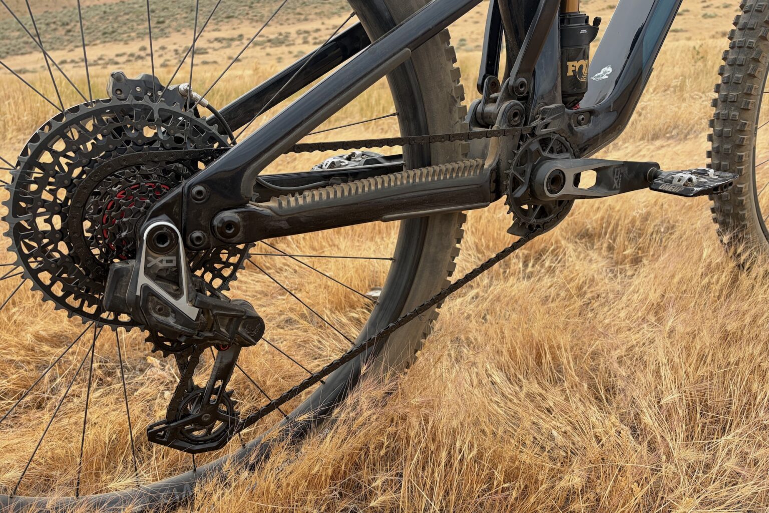 the X0 AXS Transmission drivetrain on the Yeti LT test bike